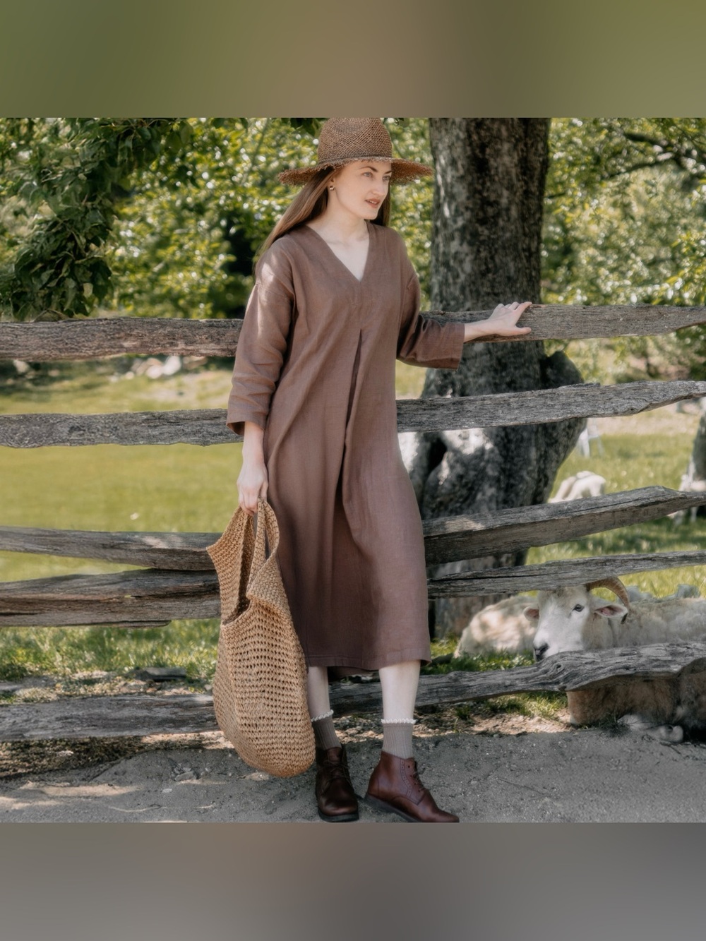 Women's V-Neck Brown Linen Midi Dress - Picture 4 of 9